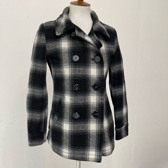 Old Navy black cream plaid winter pea coat double breasted xs small - Picture 2 of 10